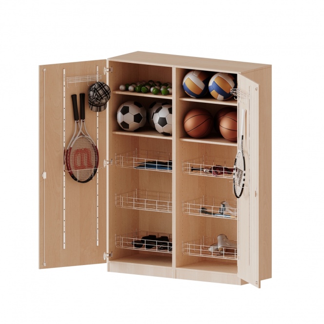 Sportschrank, 5 OH, 6 Ballkörbe, Halterungen an den Türen, B/H/T 140,6x190x60cm 